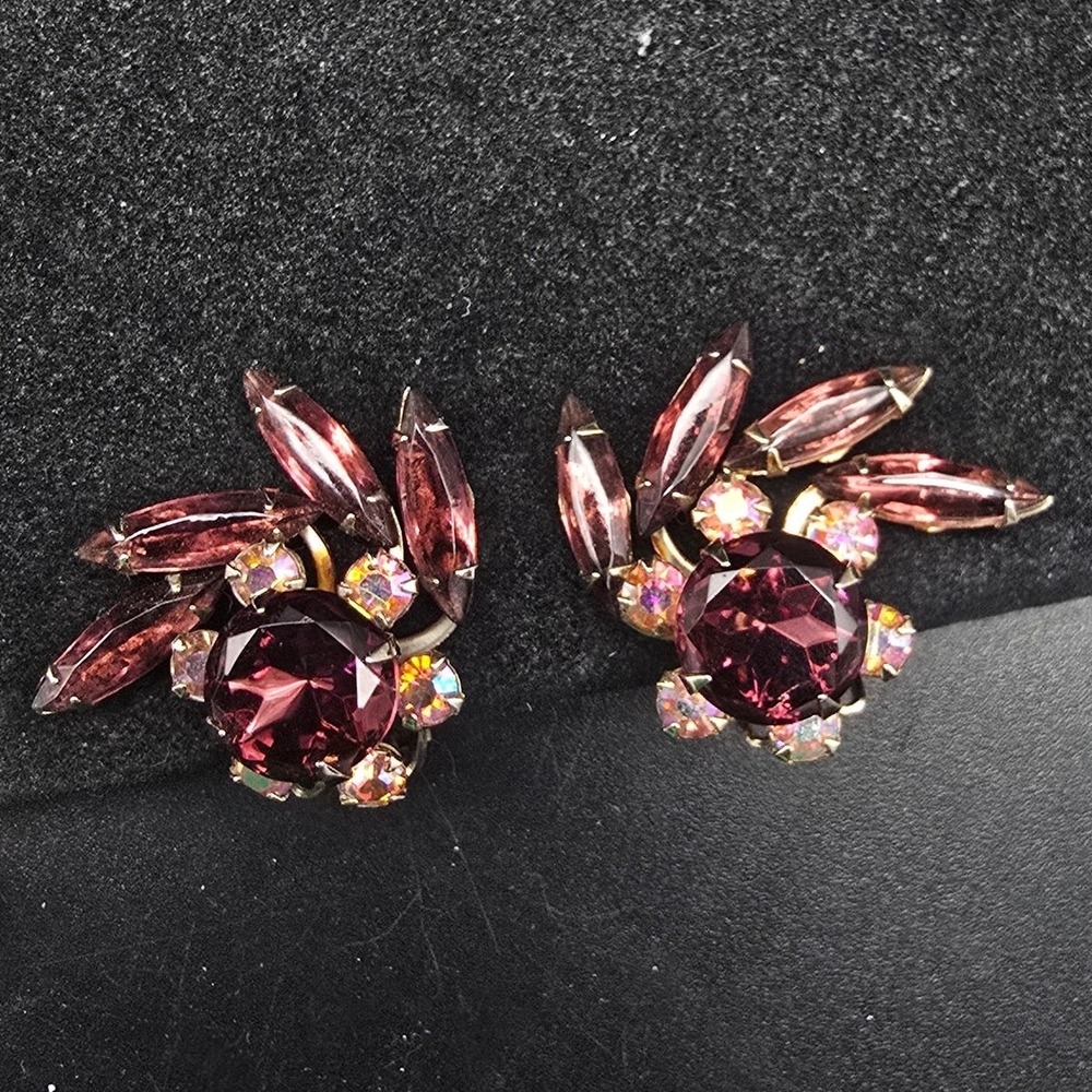Purple Rhinestone Flower Clip On Earrings Navettes Vintage Glam Jewelry